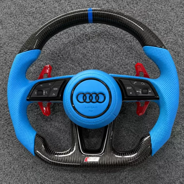 JIONX custom sport steering wheel for Audi A7 S7 RS7 C7, glossy carbon fiber with blue perforated leather grip and carbon fiber paddle shifters