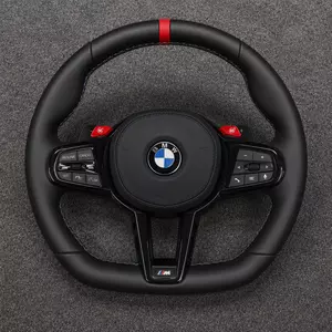 BMW M Performance black Nappa leather steering wheel with red center stripe, M-color stitching, M1 M2 buttons and flat bottom