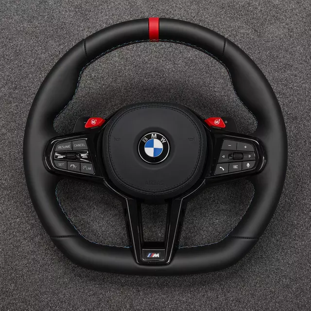 BMW M Performance black Nappa leather steering wheel with red center stripe, M-color stitching, M1 M2 buttons and flat bottom