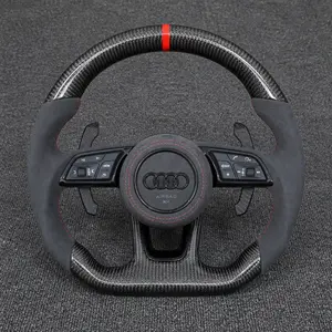 Custom Audi A6 A7 carbon fiber Alcantara flat-bottom wheel with red stitching, center stripe and extended paddles
