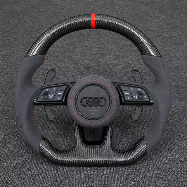 Custom Audi A6 A7 carbon fiber Alcantara flat-bottom wheel with red stitching, center stripe and extended paddles