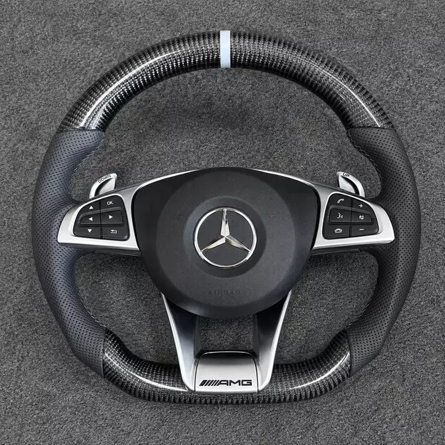 Mercedes C/E AMG-style carbon fiber flat-bottom wheel with perforated Nappa leather, white stripe and silver trim