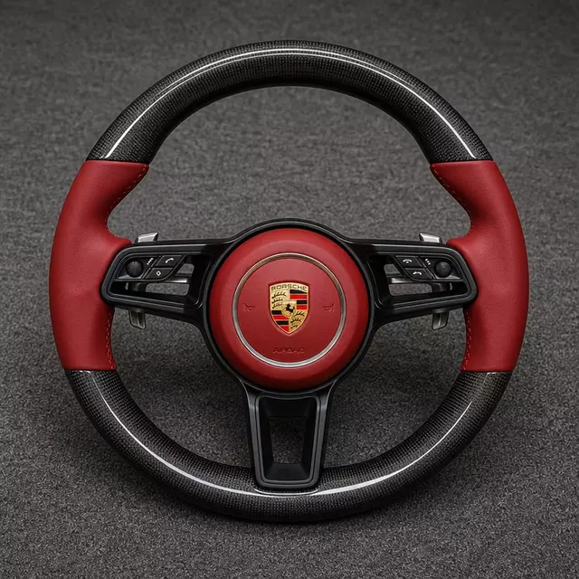 Porsche Macan custom real carbon fiber steering wheel with red Nappa leather grips