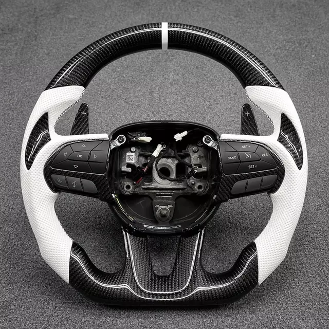 Dodge Challenger custom carbon fiber flat bottom steering wheel with white perforated leather