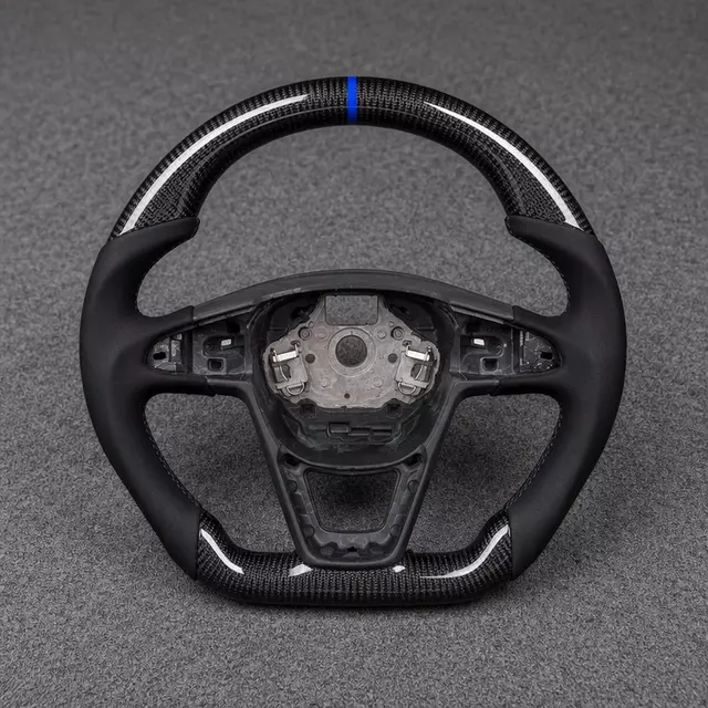 SEAT custom carbon fiber steering wheel with blue center stripe and black leather