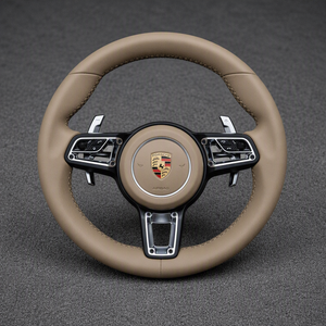 Porsche 718 custom tan Nappa leather steering wheel with multifunction controls and silver paddle shifters