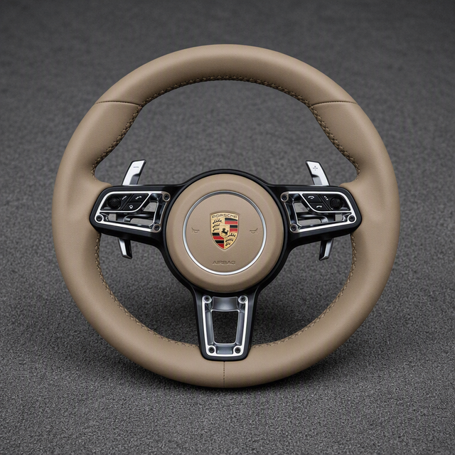Porsche 718 custom tan Nappa leather steering wheel with multifunction controls and silver paddle shifters
