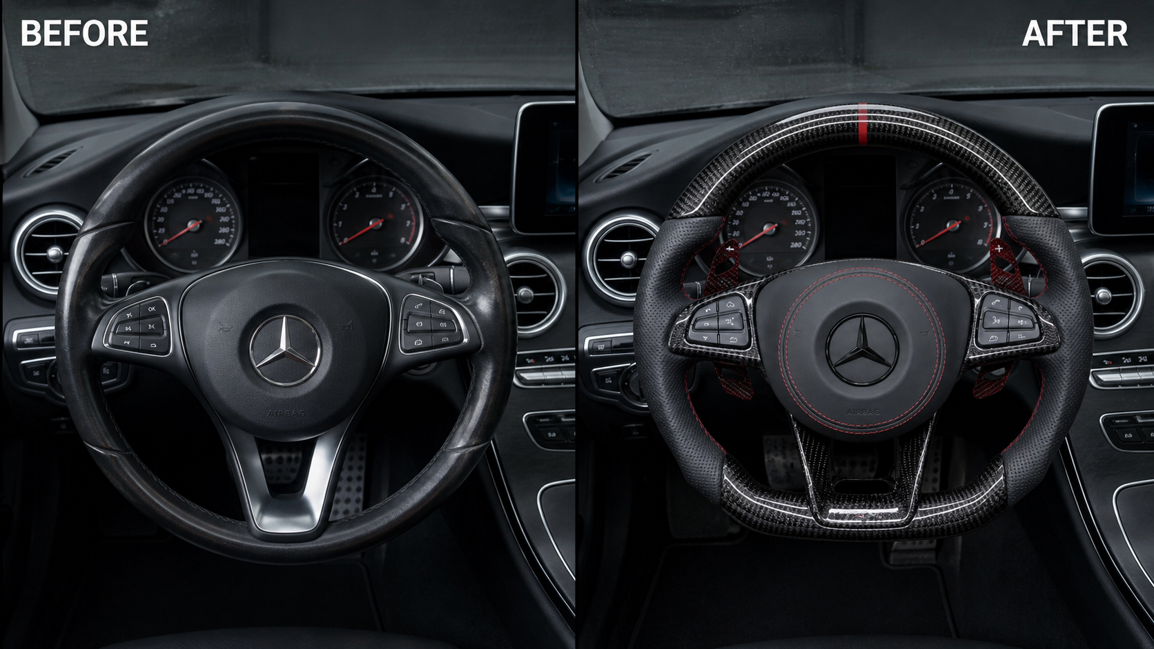 Before and after Mercedes W205 custom flat bottom steering wheel replacement in black Nappa leather