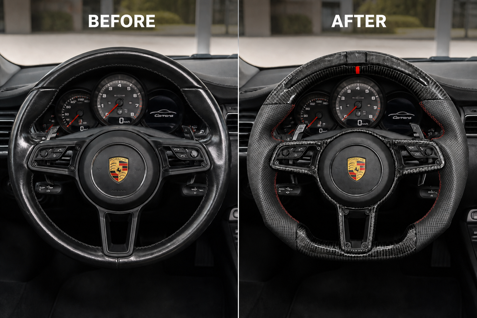 Before and after Porsche 911 991 custom flat bottom steering wheel replacement in black Nappa leather and carbon fiber