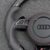 Studio shot Audi S4 B8 B8.5 D shape carbon steering wheel, full gray perforated leather, uniform red stitching and top center red marker stripe