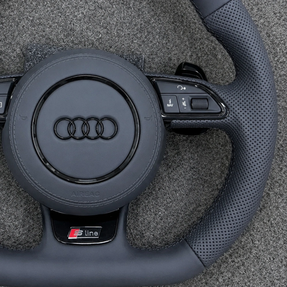 JIONX smooth OEM nappa leather rim texture closeup for Audi B8 custom steering wheel