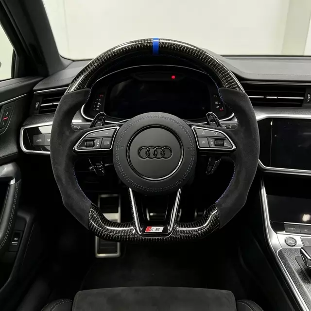 Flat Bottom Carbon Alcantara Steering Wheel Installed On Audi A6 A7 C8 Cockpit Performance Refit JIONX