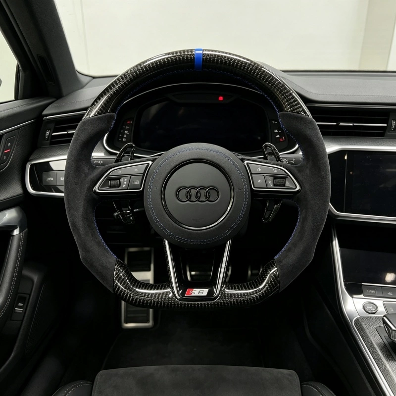 Flat Bottom Carbon Alcantara Steering Wheel Installed On Audi A6 A7 C8 Cockpit Performance Refit JIONX