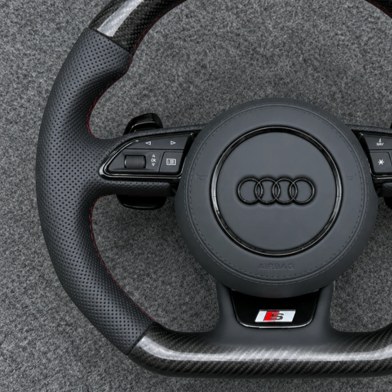 Audi Q5 carbon fiber flat bottom steering wheel leather grip detail