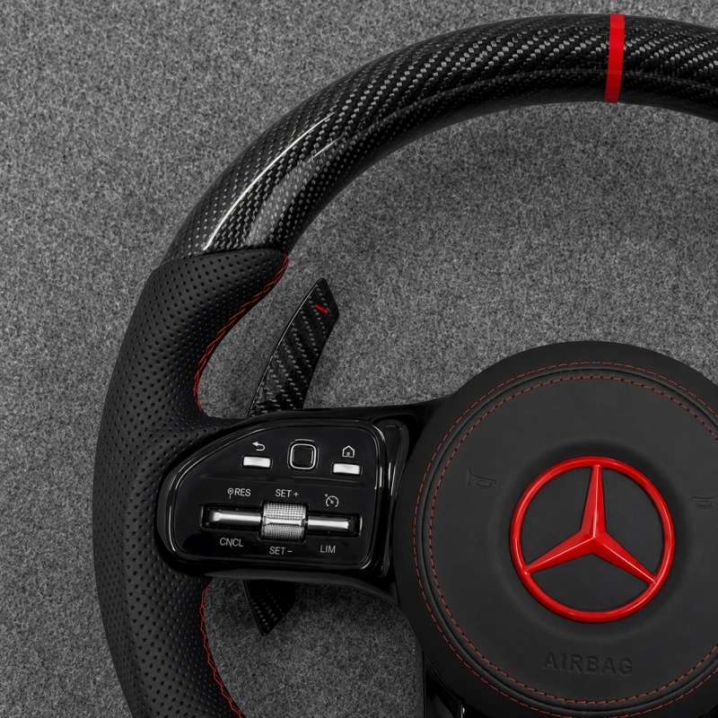 Red Accent Carbon Fiber AMG Steering Wheel for Mercedes Benz CLA GLC GLB GLE GLS C63 E63 CLS63 G63
