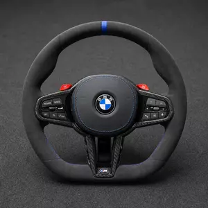 BMW M Performance Alcantara steering wheel with blue center stripe, blue stitching, carbon fiber trim and M buttons