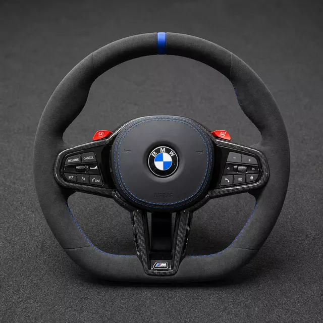 BMW M Performance Alcantara steering wheel with blue center stripe, blue stitching, carbon fiber trim and M buttons