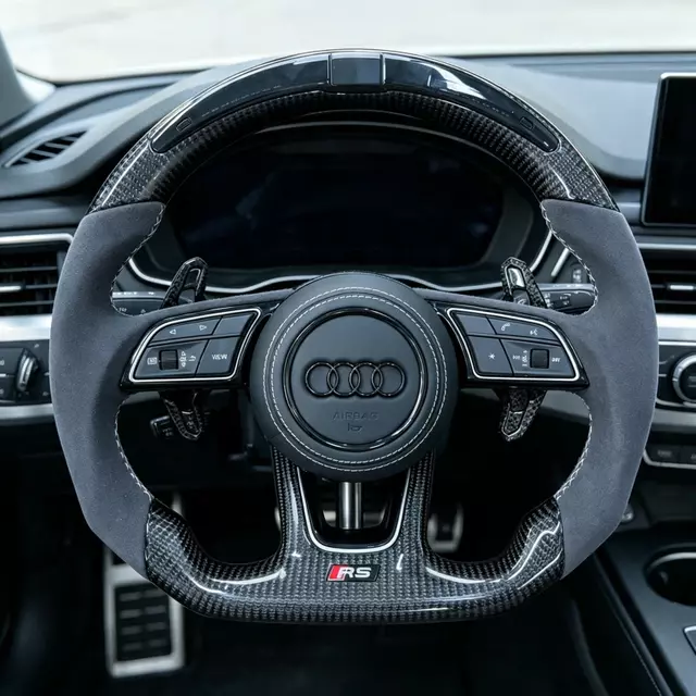 Custom LED Carbon Fiber Alcantara RS Steering Wheel Installed In Audi B9 Sport Interior JIONX