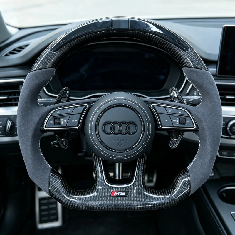 Custom LED Carbon Fiber Alcantara RS Steering Wheel Installed In Audi B9 Sport Interior JIONX