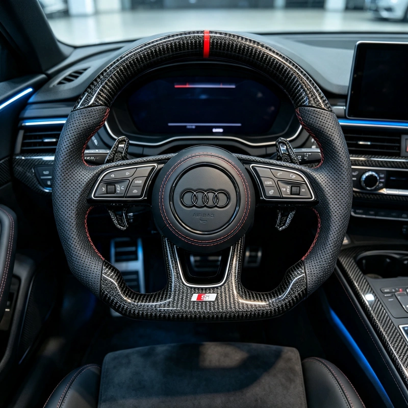 Red Flake Forged Carbon Steering Wheel Installed On Audi B9 Cockpit Interior View JIONX
