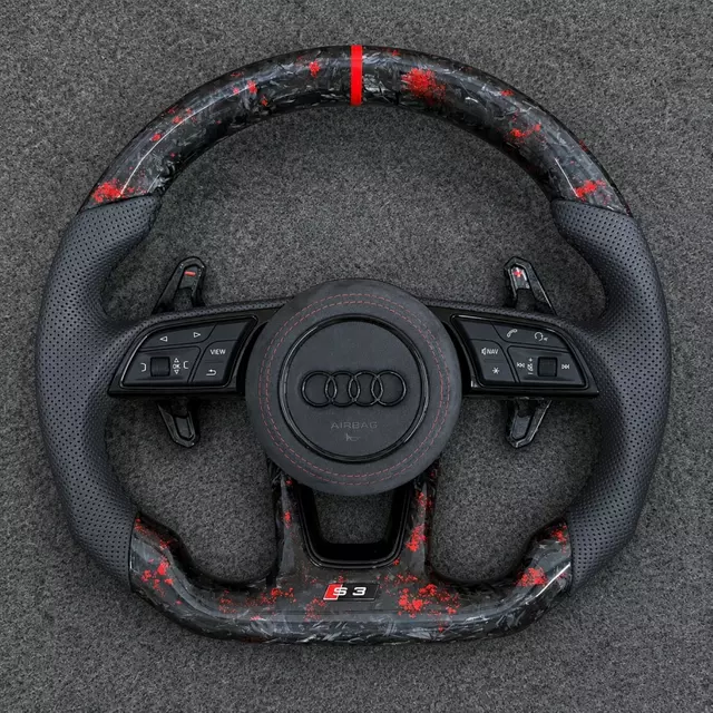 Red Flake Forged Carbon Fiber Flat Bottom Steering Wheel For Audi B8 B8.5 B9 A3 RS3 S3 JIONX