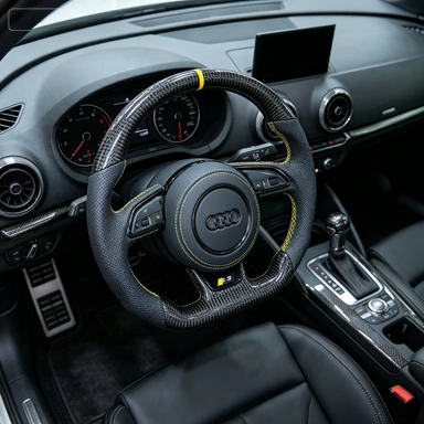 JIONX forged carbon steering wheel installed inside Audi S3 yellow racing stitch and top marker stripe real car interior view