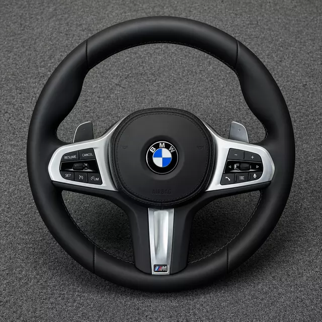 BMW M Performance standard black Nappa leather steering wheel with silver trim, controls, paddle shifters and M badge