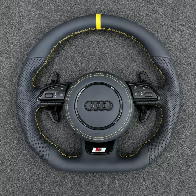 JIONX flat bottom steering wheel for 2008-2016 Audi A4 A5 B8 S Line, perforated Nappa leather, yellow stitching & top center marker