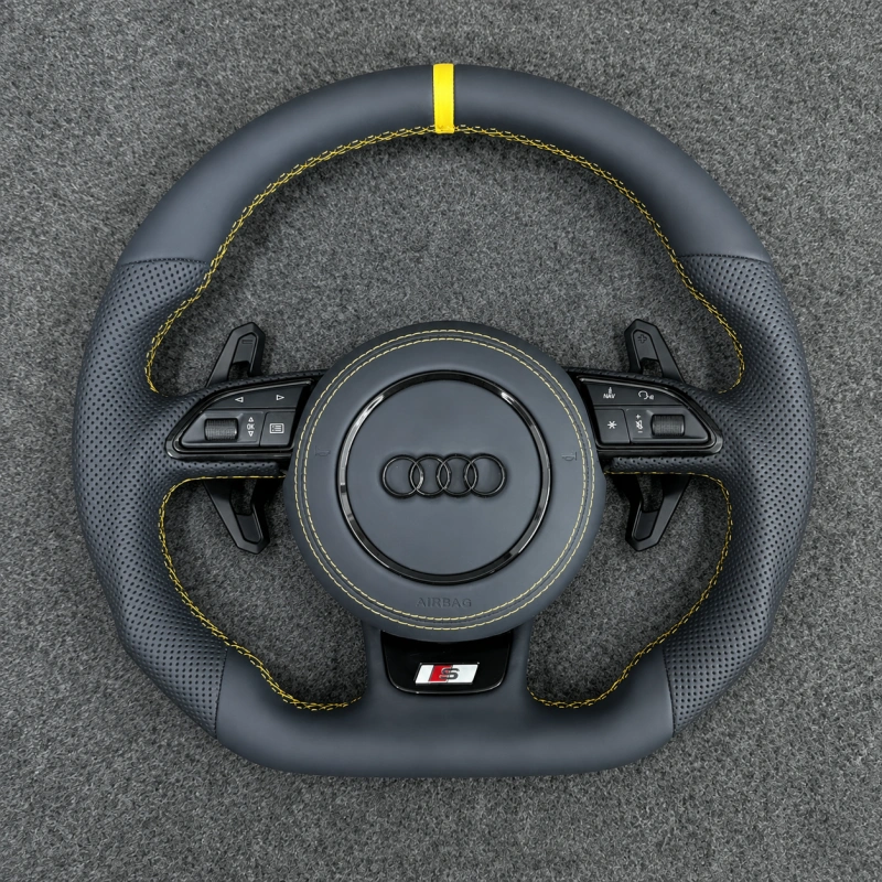 JIONX flat bottom steering wheel for 2008-2016 Audi A4 A5 B8 S Line, perforated Nappa leather, yellow stitching & top center marker