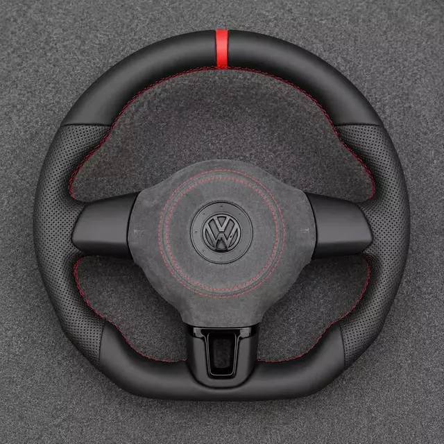 VW Golf Mk4-Mk6 Alcantara flat-bottom steering wheel with red stripe, stitching and perforated leather grips
