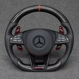 Mercedes C/E AMG-style carbon fiber flat-bottom wheel with perforated Nappa leather, red stripe, stitching and paddles