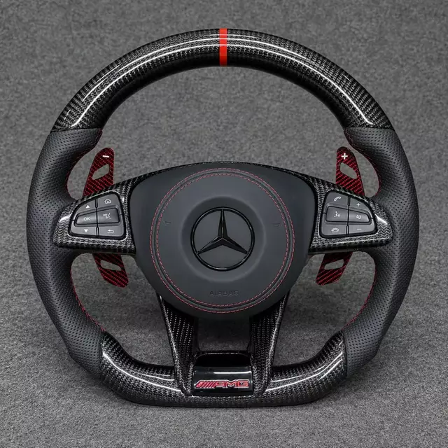 Mercedes C/E AMG-style carbon fiber flat-bottom wheel with perforated Nappa leather, red stripe, stitching and paddles