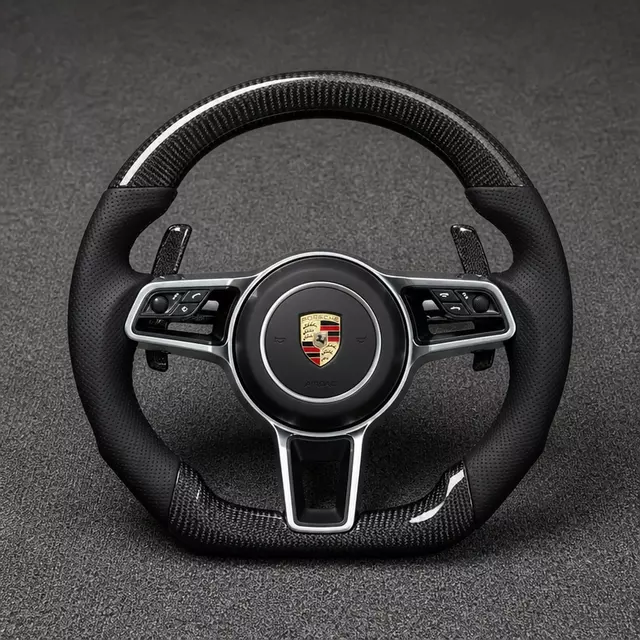 Porsche Macan 95B custom carbon fiber flat bottom steering wheel with perforated leather