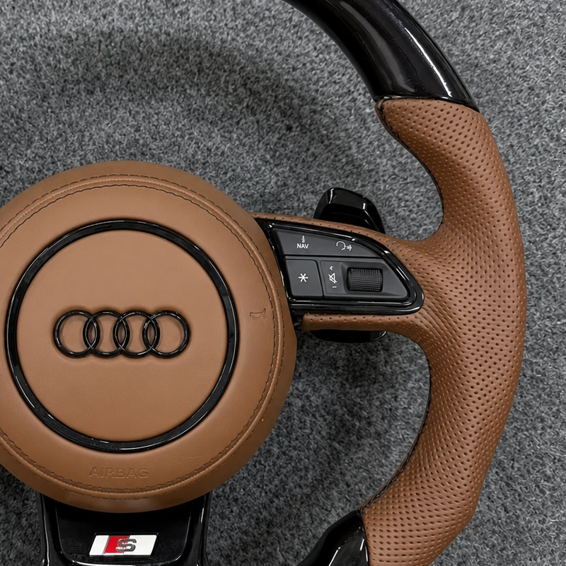 Audi A4 A5 S4 S5 B8 B8.5 Carbon Fiber Steering Wheel Flat Bottom Brown Perforated Leather Sport Upgrade