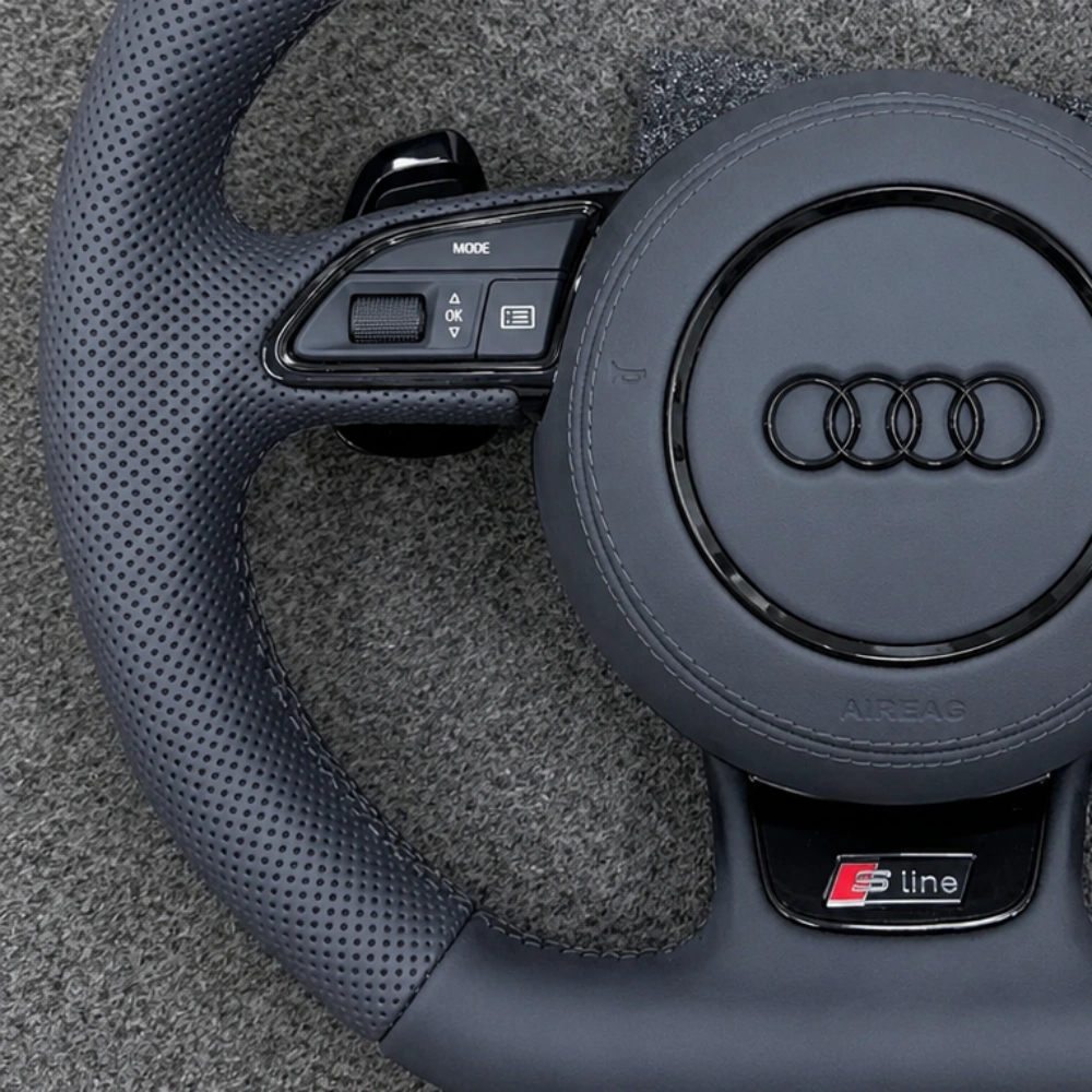 JIONX perforated anti-slip genuine leather grip detail on Audi B8 nappa steering wheel