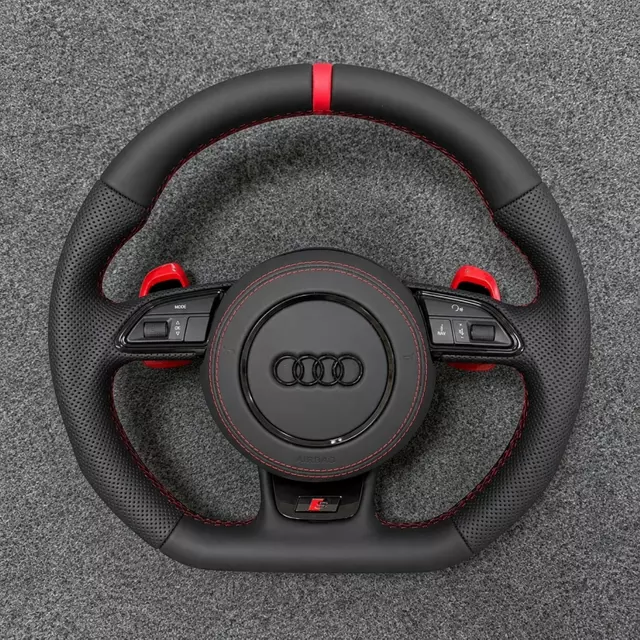 JIONX Audi flat bottom sport steering wheel semi perforated leather red stitching red stripe red paddle shifters for A3 A4 A5 A6 S RS models