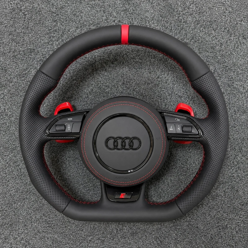 JIONX Audi flat bottom sport steering wheel semi perforated leather red stitching red stripe red paddle shifters for A3 A4 A5 A6 S RS models