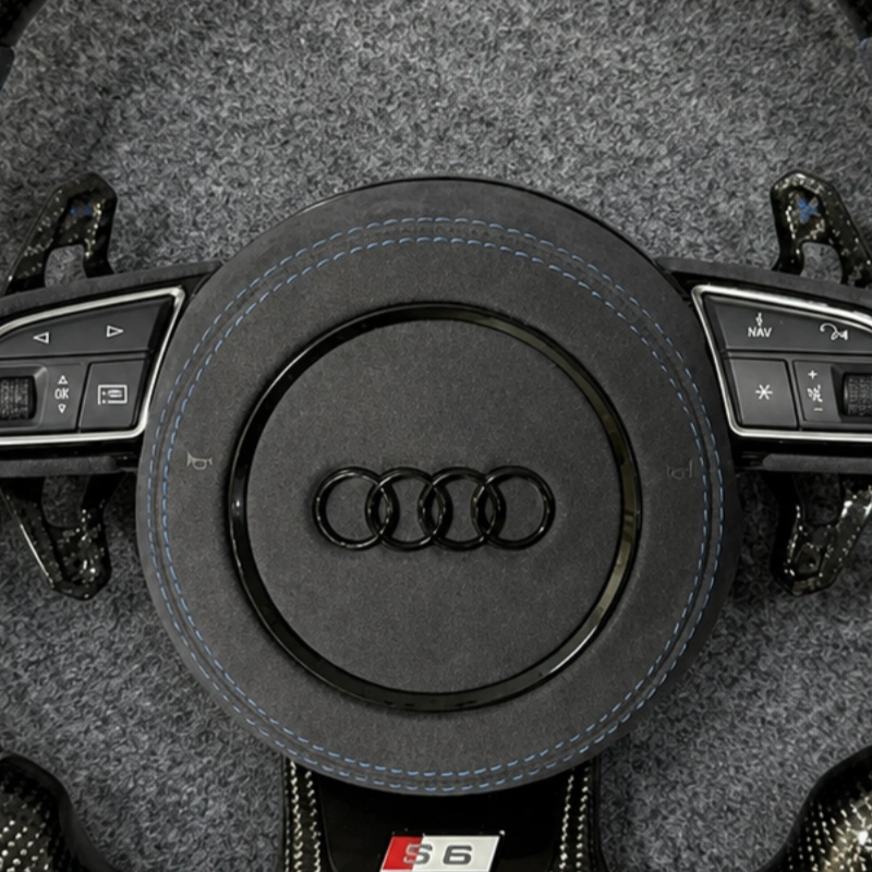 Audi four rings airbag cover with matching full-circle blue stitching flat bottom wheel