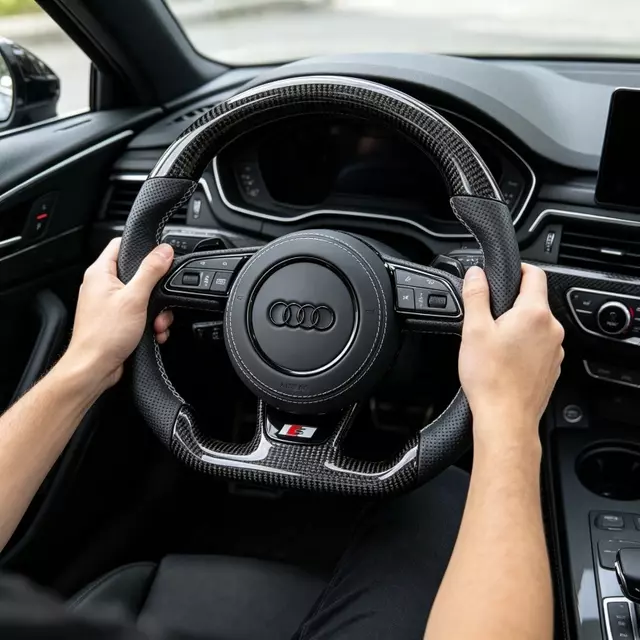Installed interior view of Audi carbon flat steering wheel, perforated leather, white stitching, S sport badge