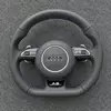 Nappa Leather Flat Bottom Steering Wheel Semi Perforated Grip Purple Contrast Stitch OEM Fit for Audi A8