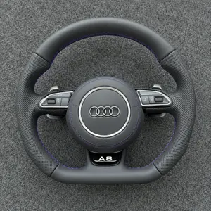 Nappa Leather Flat Bottom Steering Wheel Semi Perforated Grip Purple Contrast Stitch OEM Fit for Audi A8