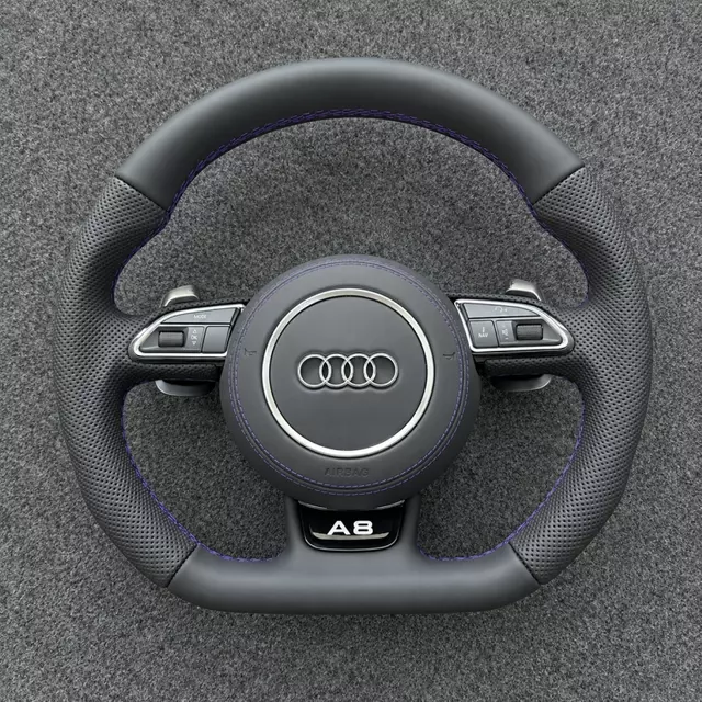 Nappa Leather Flat Bottom Steering Wheel Semi Perforated Grip Purple Contrast Stitch OEM Fit for Audi A8