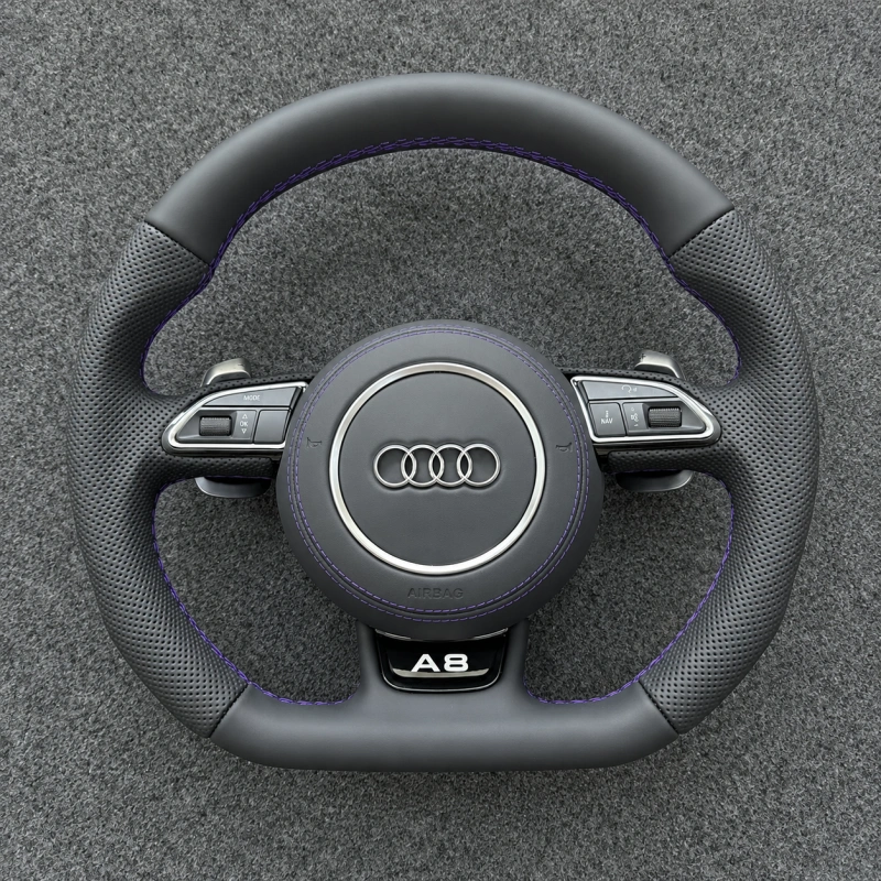 Nappa Leather Flat Bottom Steering Wheel Semi Perforated Grip Purple Contrast Stitch OEM Fit for Audi A8