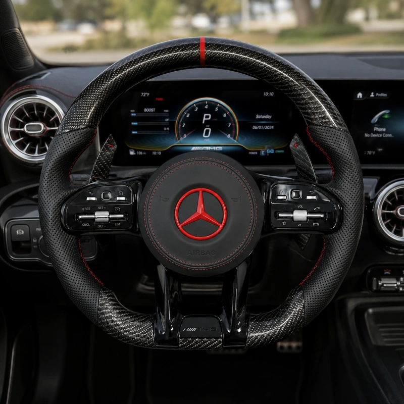 Luxury Black Perforated Leather Carbon Fiber Steering Wheel for Mercedes Benz AMG C63 E63 S63 G63 GLC GLE