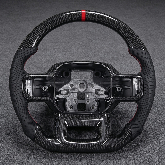 Real Carbon Fiber Steering Wheel Ford F-150 2021-2023, Flat Bottom Hand-Stitched Perforated with Trim (No Paddle Shifters)