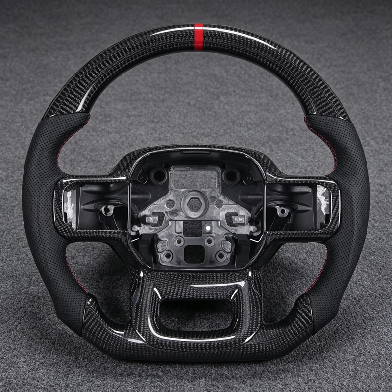 Real Carbon Fiber Steering Wheel Ford F-150 2021-2023, Flat Bottom Hand-Stitched Perforated with Trim (No Paddle Shifters)