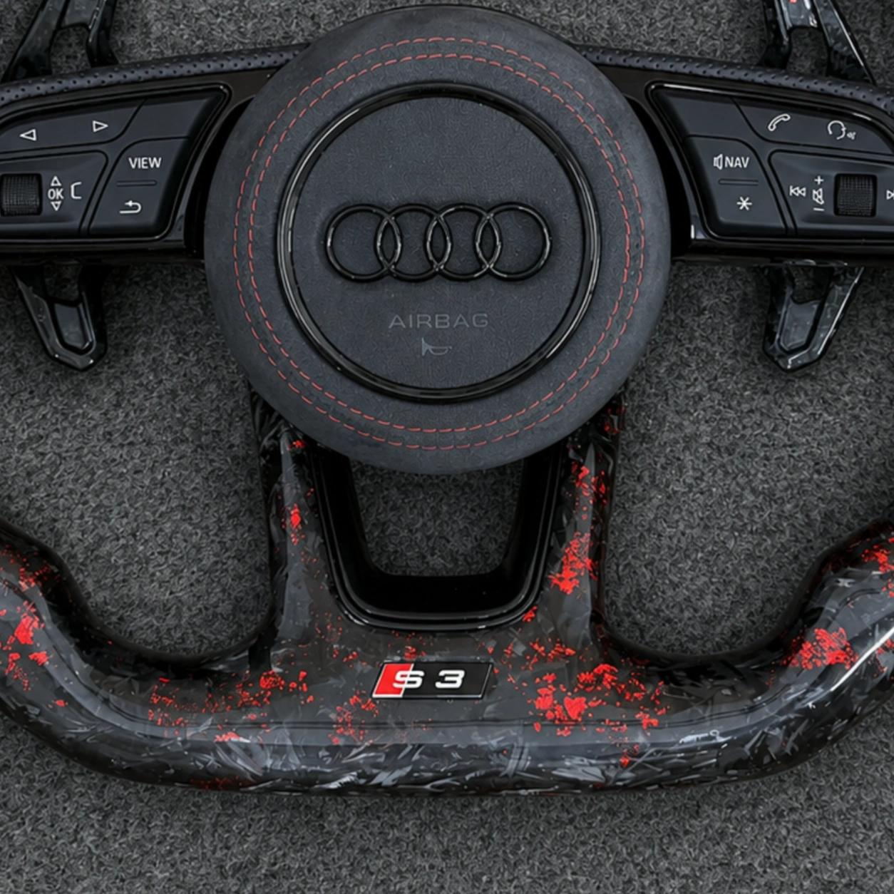 Red Center Racing Stripe And S3 Badge Detail On Forged Carbon Steering Wheel JIONX