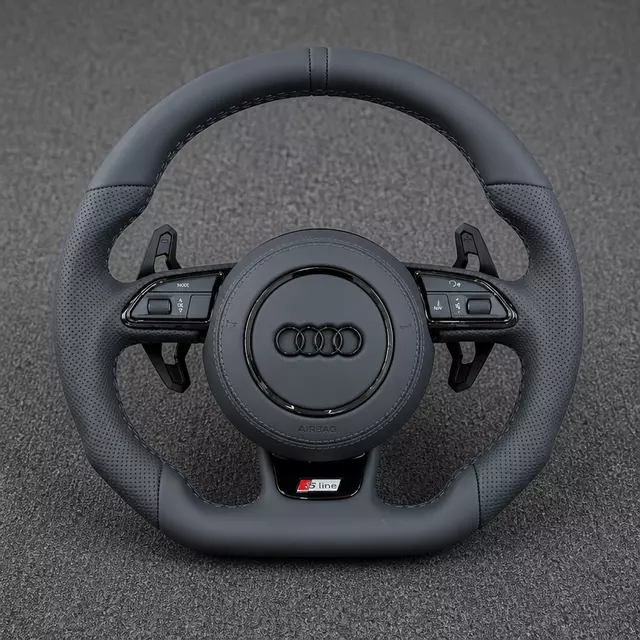 Custom Audi A8 D Series Nappa leather flat-bottom wheel with perforated grips, black trim and extended paddles