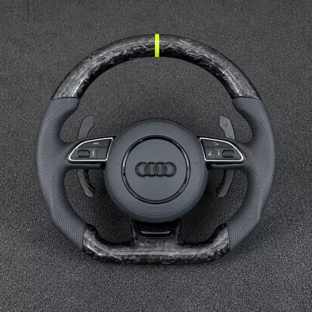 Custom Audi Q3 8U forged carbon fiber flat-bottom wheel with perforated Nappa leather, yellow center stripe and extended paddles