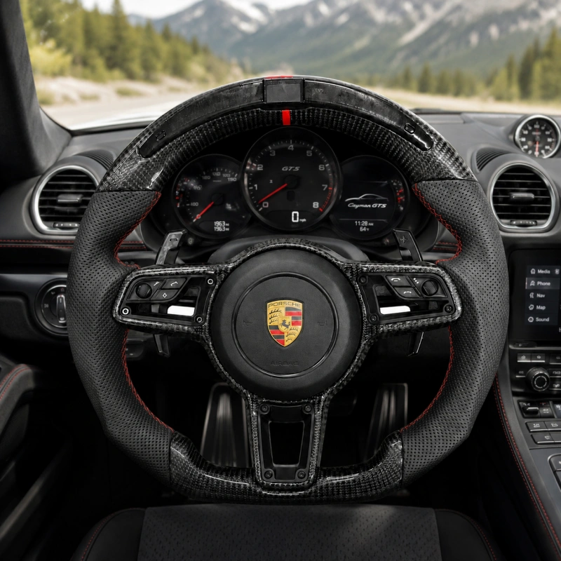 Custom carbon fiber steering wheel (with LED turn signals) for Porsche models such as the 911 Panamera Cayenne and Macan
